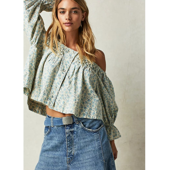 New Free People James Off The Shoulder Smock Crop Top  $128 SMALL Blue Floral - Picture 2 of 5